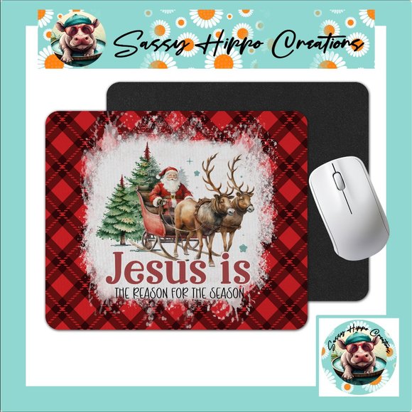 Mouse Pad Jesus is the Reason for the Season Christmas Santa Red Plaid Sublimate - Picture 1 of 4
